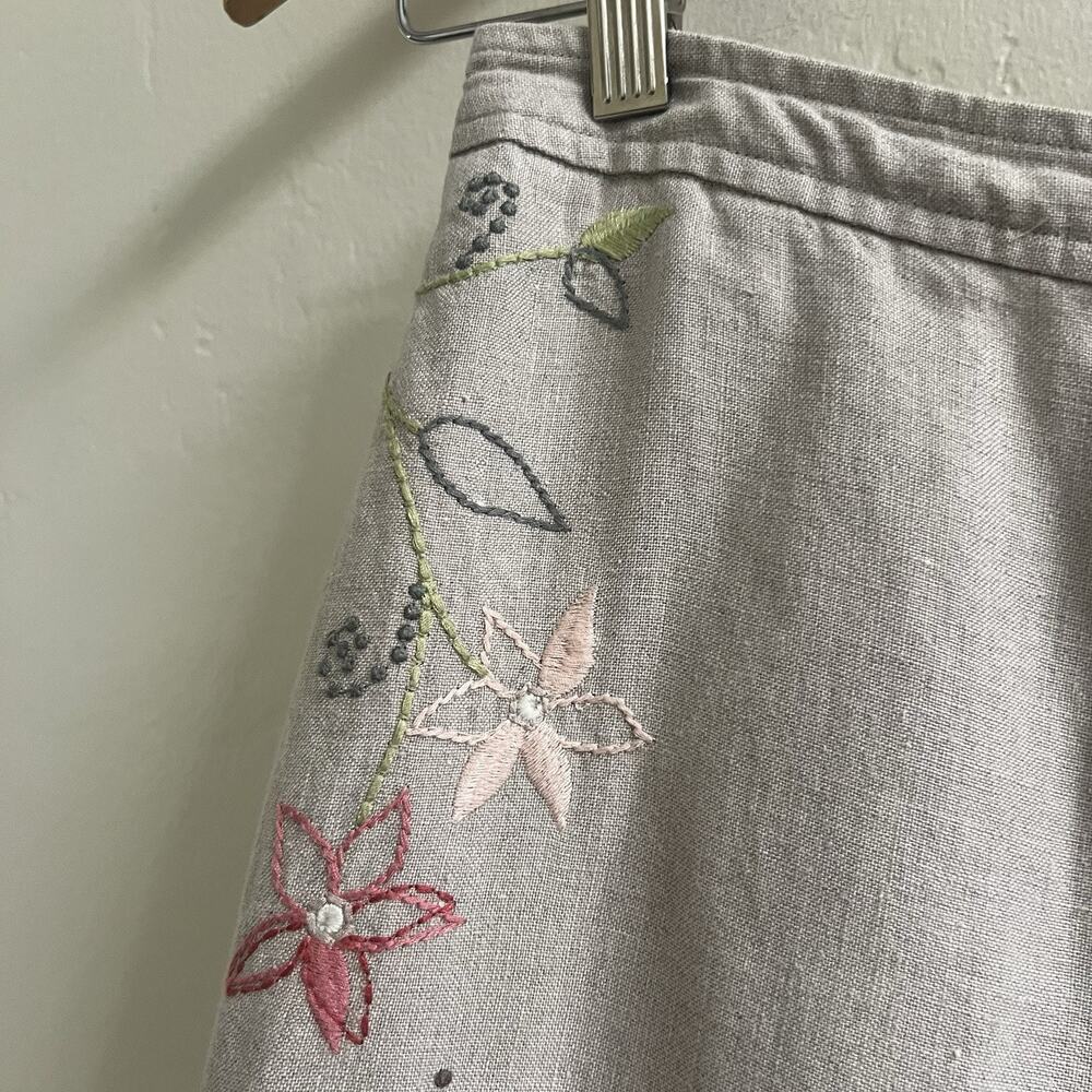 J. Jill Embroidered Floral Linen Wide Leg Pants Size 8 Petite Tan Pull On Beach - Picture 5 of 11